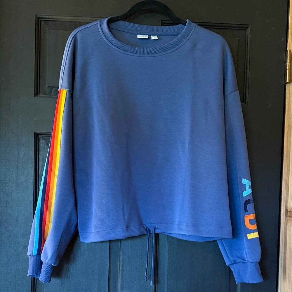 Blue Aldi Sweatshirt with Rainbow Sleeve